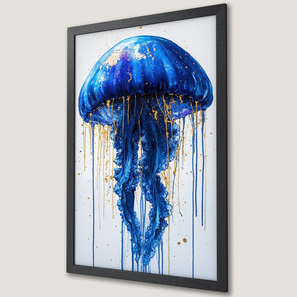 Framed Poster featuring a blue jellyfish with gold accents, artistic style, and a vibrant blue and gold color palette.