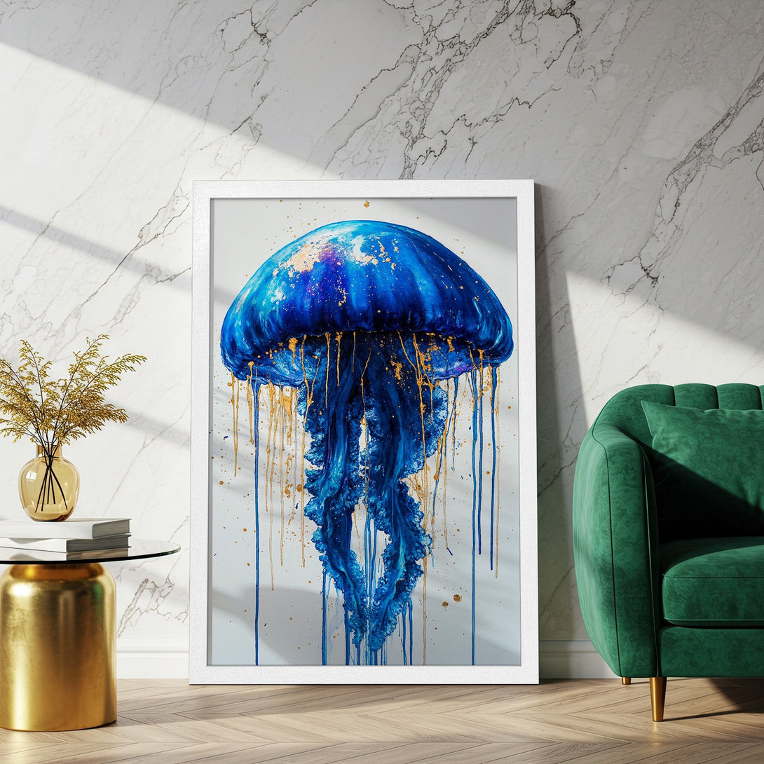 Framed Poster featuring a vibrant blue jellyfish with gold accents. Modern art style, striking blue and gold color palette for your home decor.