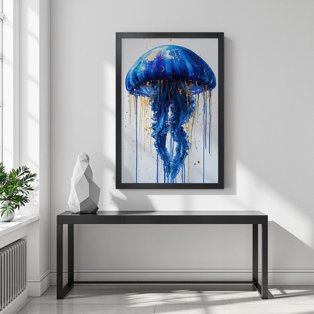 Framed Poster featuring a vibrant blue and gold jellyfish art print. Modern style, perfect for adding a splash of color to your home decor.
