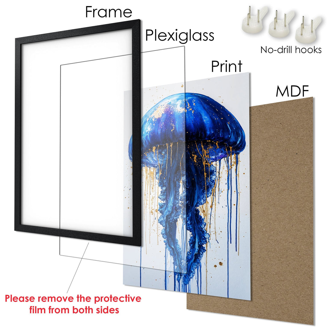 Framed Poster featuring a blue and gold jellyfish art print. Modern style with a vibrant blue and gold color palette. Ready to hang!