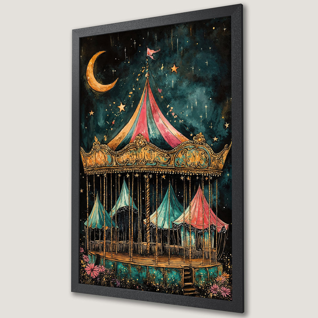 Framed Poster featuring a whimsical carousel under a starry night sky. Watercolor style with teal, gold, and pink color palette. Perfect wall art!