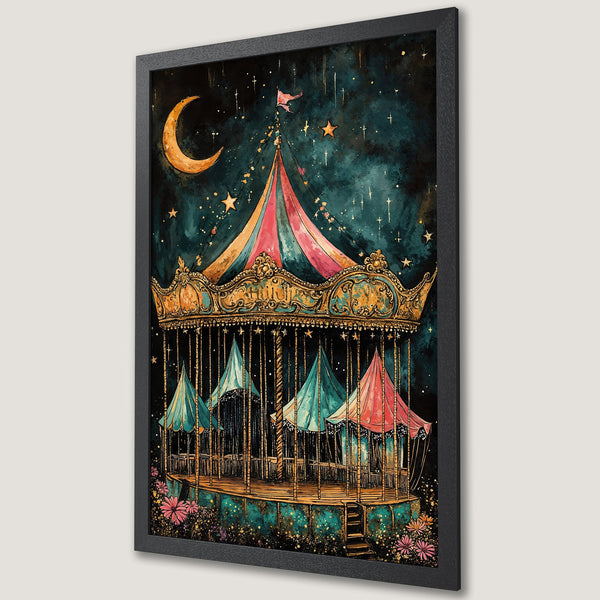 Framed Poster featuring a whimsical carousel under a starry night sky. Watercolor style with teal, gold, and pink color palette. Perfect wall art!