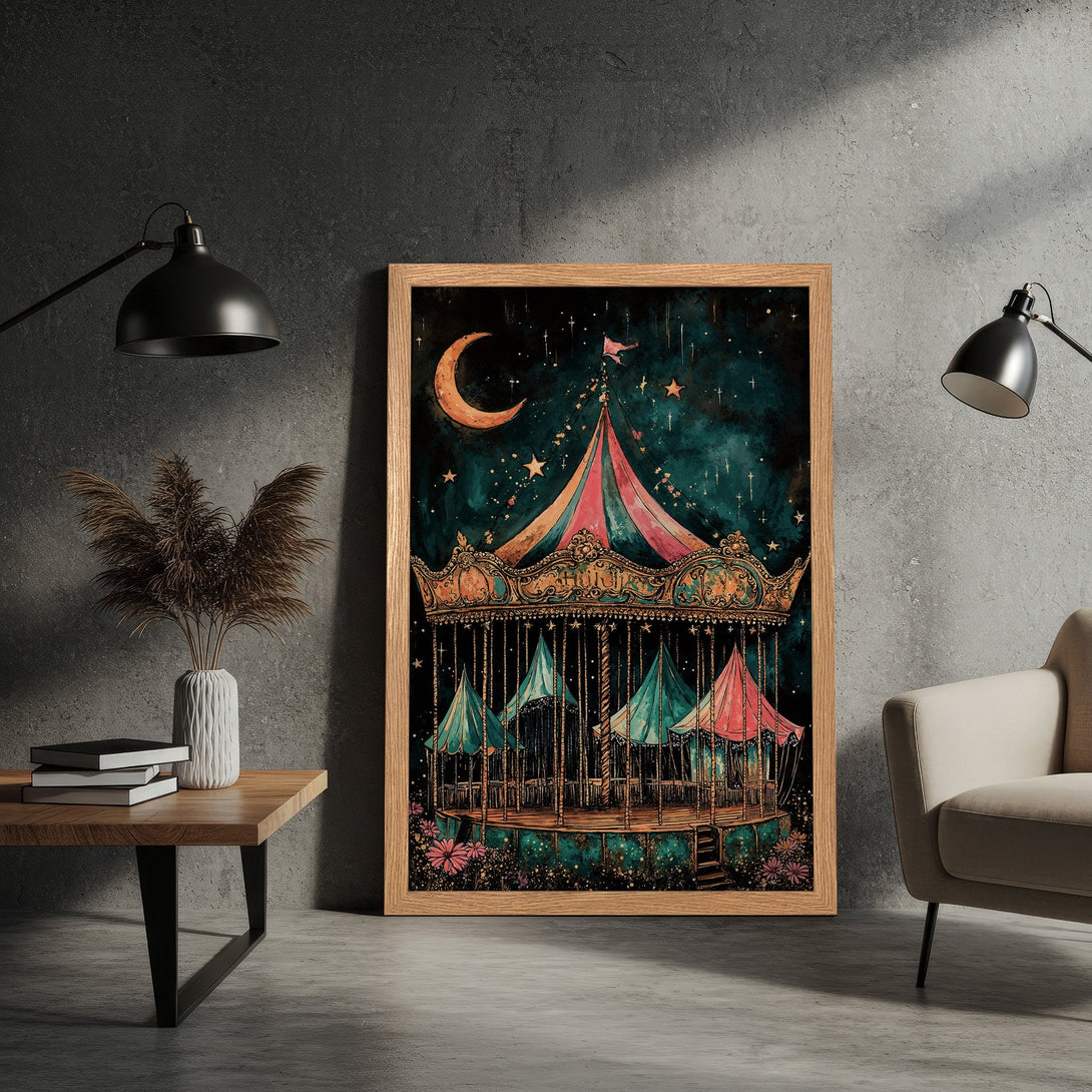 Framed Poster featuring a whimsical carousel illustration in a watercolor style with a teal, pink, and gold color palette.