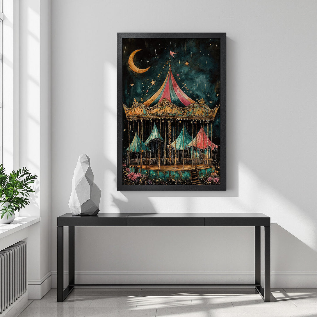 Framed Poster featuring a whimsical carousel illustration in a watercolor style with a dreamy teal and gold color palette. Add a touch of magic to your space!