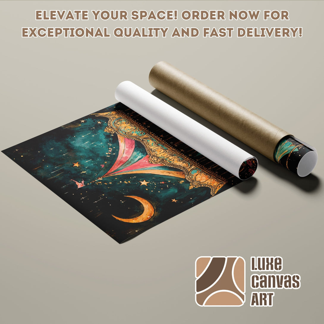 Poster Roll featuring a celestial design with a teal and gold color palette. Elevate your space with this stunning art!