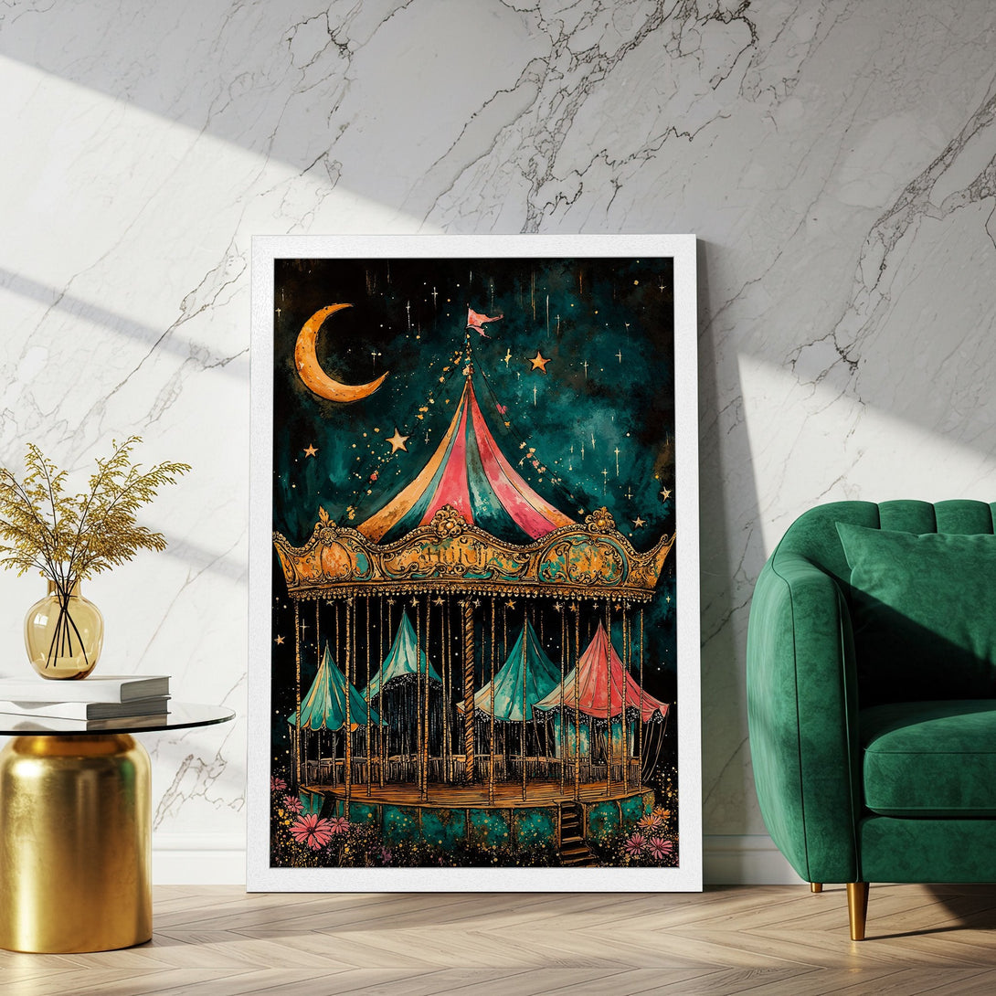Framed Poster of a whimsical carousel under a starry night sky. Watercolor style with teal, gold, and pink hues. Add magic to your space!