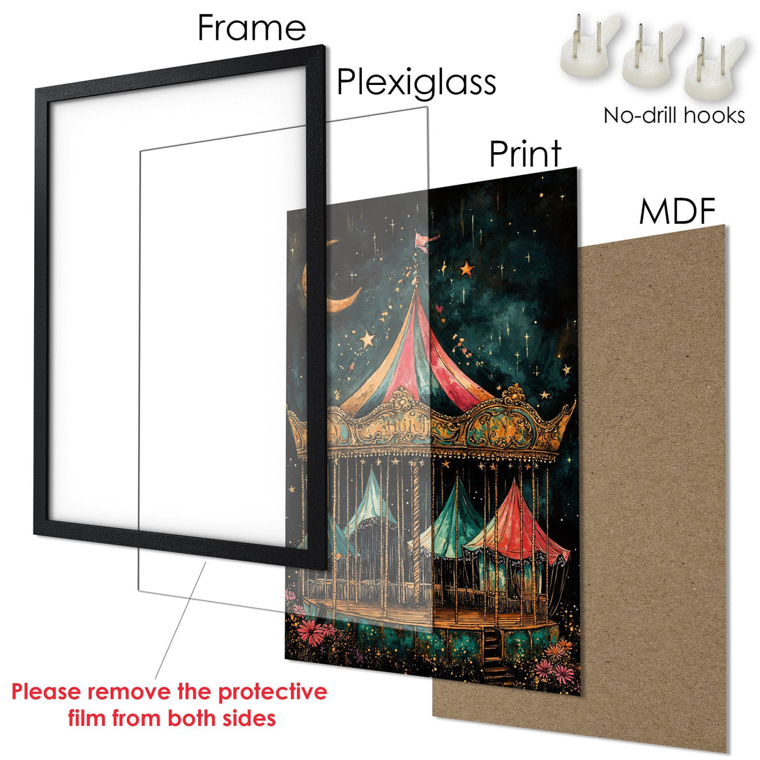 Framed Poster featuring a whimsical carousel illustration with a teal, pink, and gold color palette. Perfect wall art!