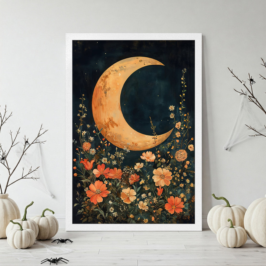 Framed Poster featuring a crescent moon and floral design in warm orange and teal tones. Perfect for adding a touch of celestial art!