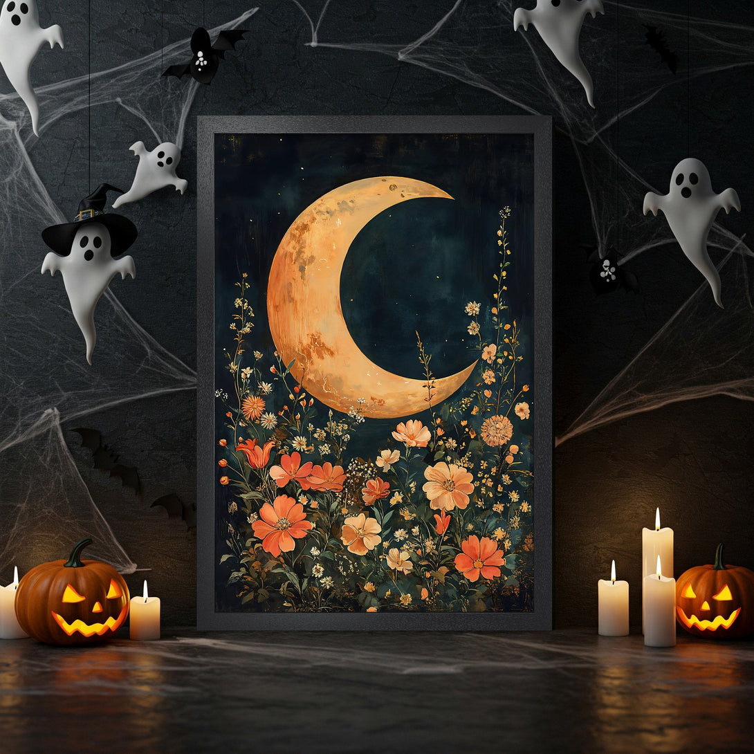Framed Poster featuring a floral moon design in warm orange and dark teal, perfect for Halloween decor.