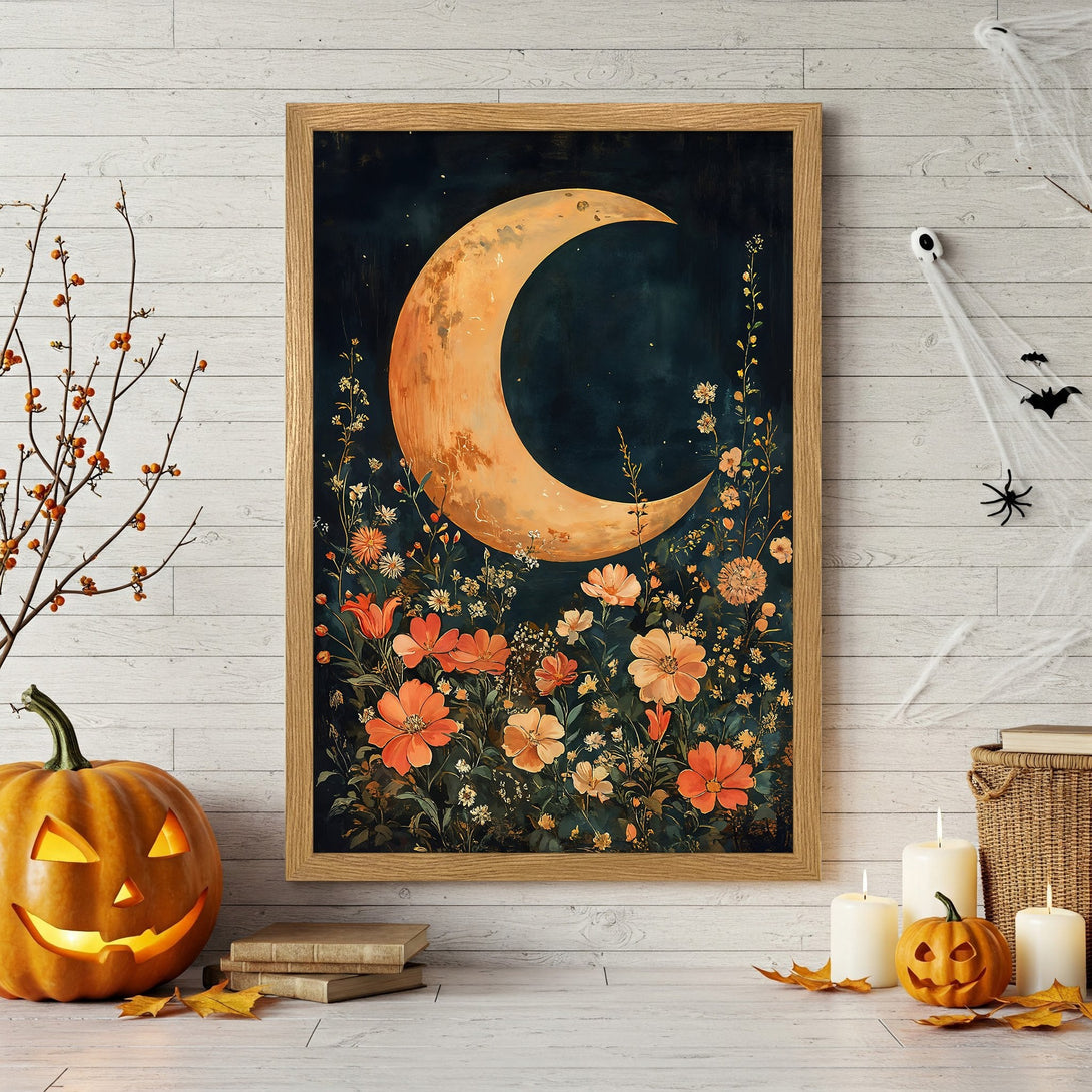 Framed Poster featuring a crescent moon and floral design in warm orange and dark green tones. Perfect for Halloween decor!