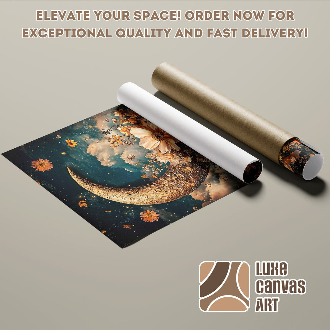 Poster Roll featuring a celestial design with a dark blue and gold color palette. Order yours today!