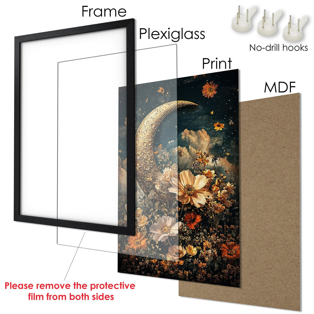 Framed Poster featuring a celestial moon and floral design in warm, earthy tones. Perfect art for your home!