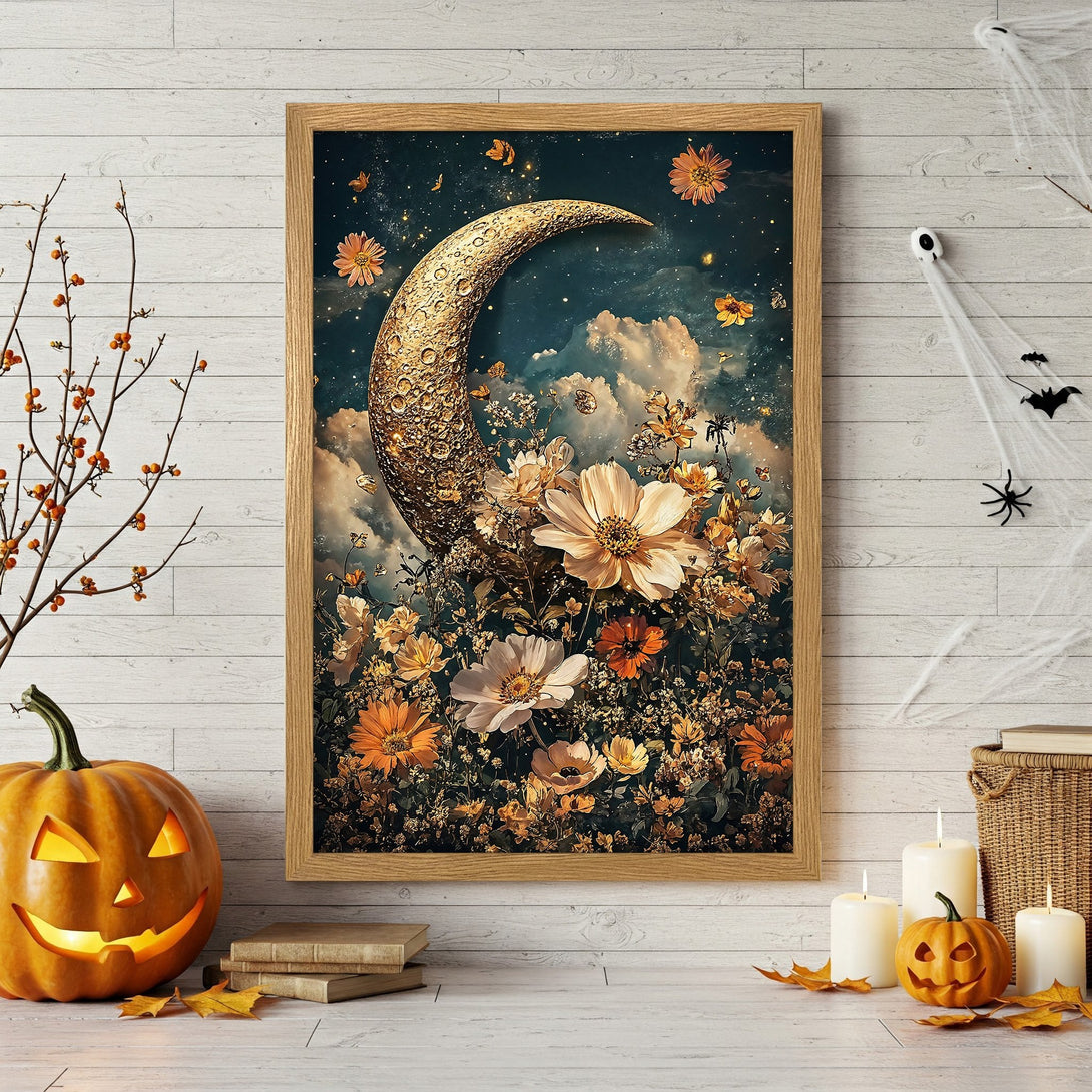 Framed Poster featuring a golden moon and floral design, in a dark teal and gold color palette. Perfect Halloween decor!