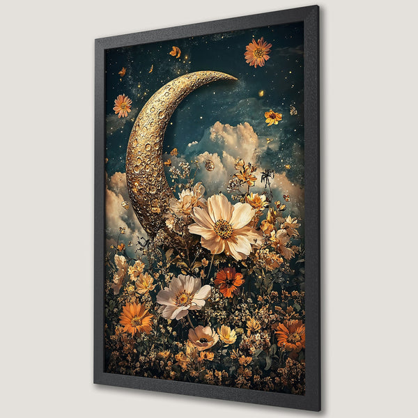 Framed Poster featuring a golden moon, flowers, and starry sky. Dreamy, artistic style with warm, earthy tones. Perfect wall art.