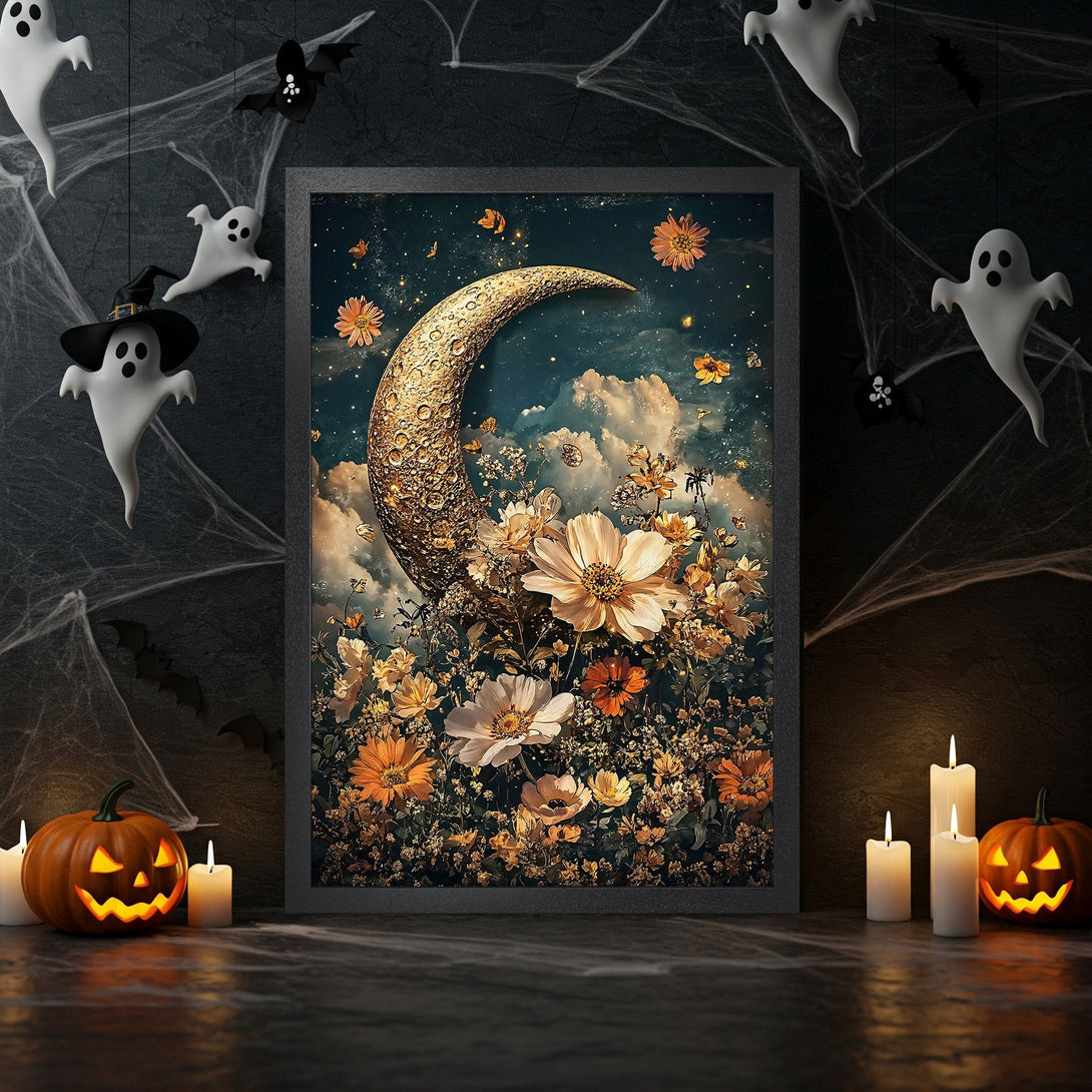 Framed Poster featuring a whimsical moon and floral design in a Halloween setting, with a warm color palette. Perfect wall art!