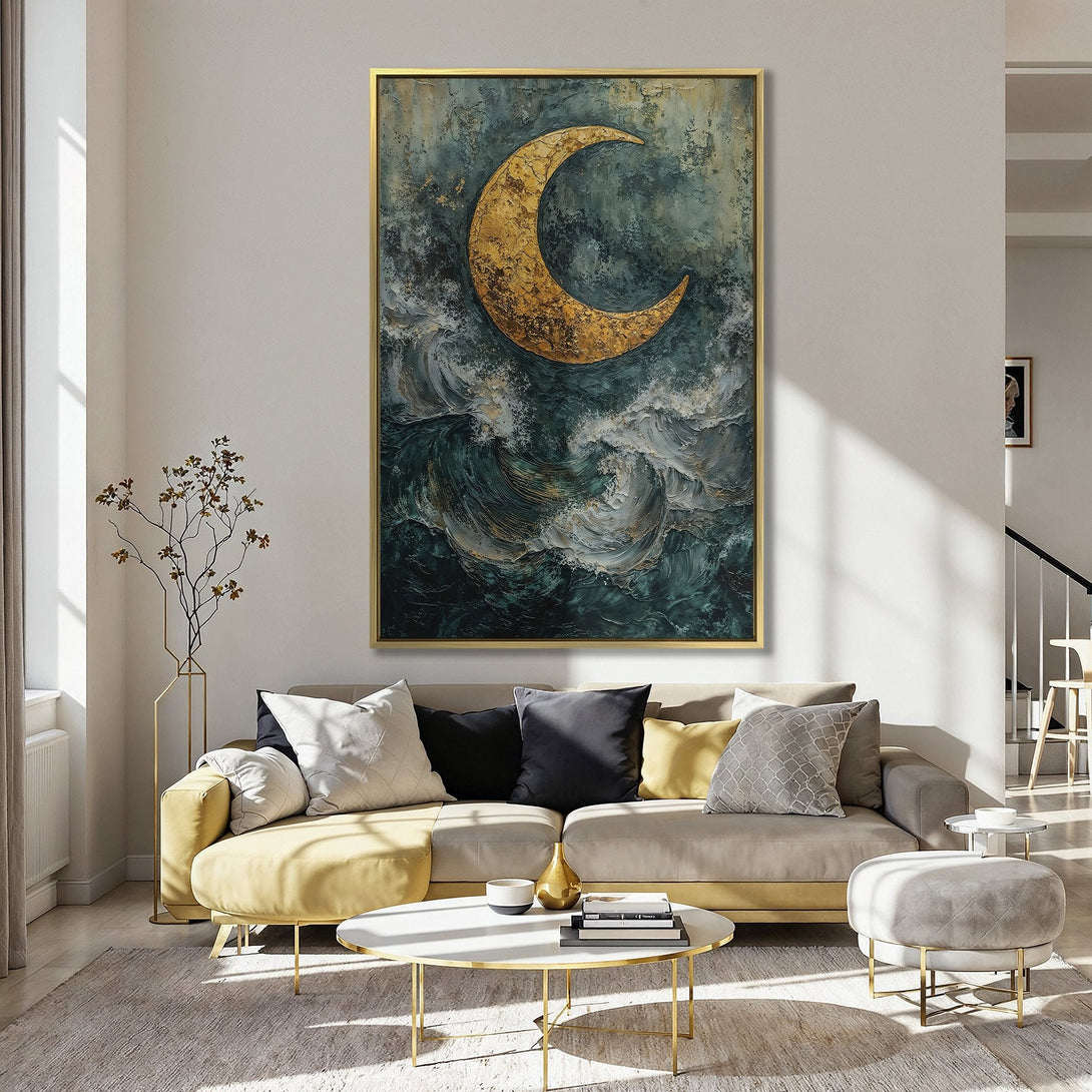 Canvas Print of a gold crescent moon over ocean waves, abstract art, teal and gold color palette, perfect for home decor.