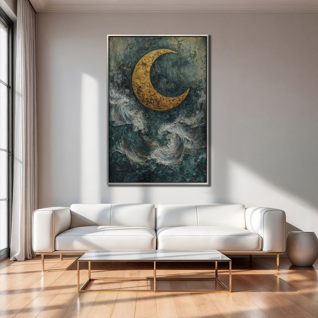Framed Wall Art featuring a golden crescent moon over ocean waves. Abstract style with teal, gold, and white color palette. Elevate your space!