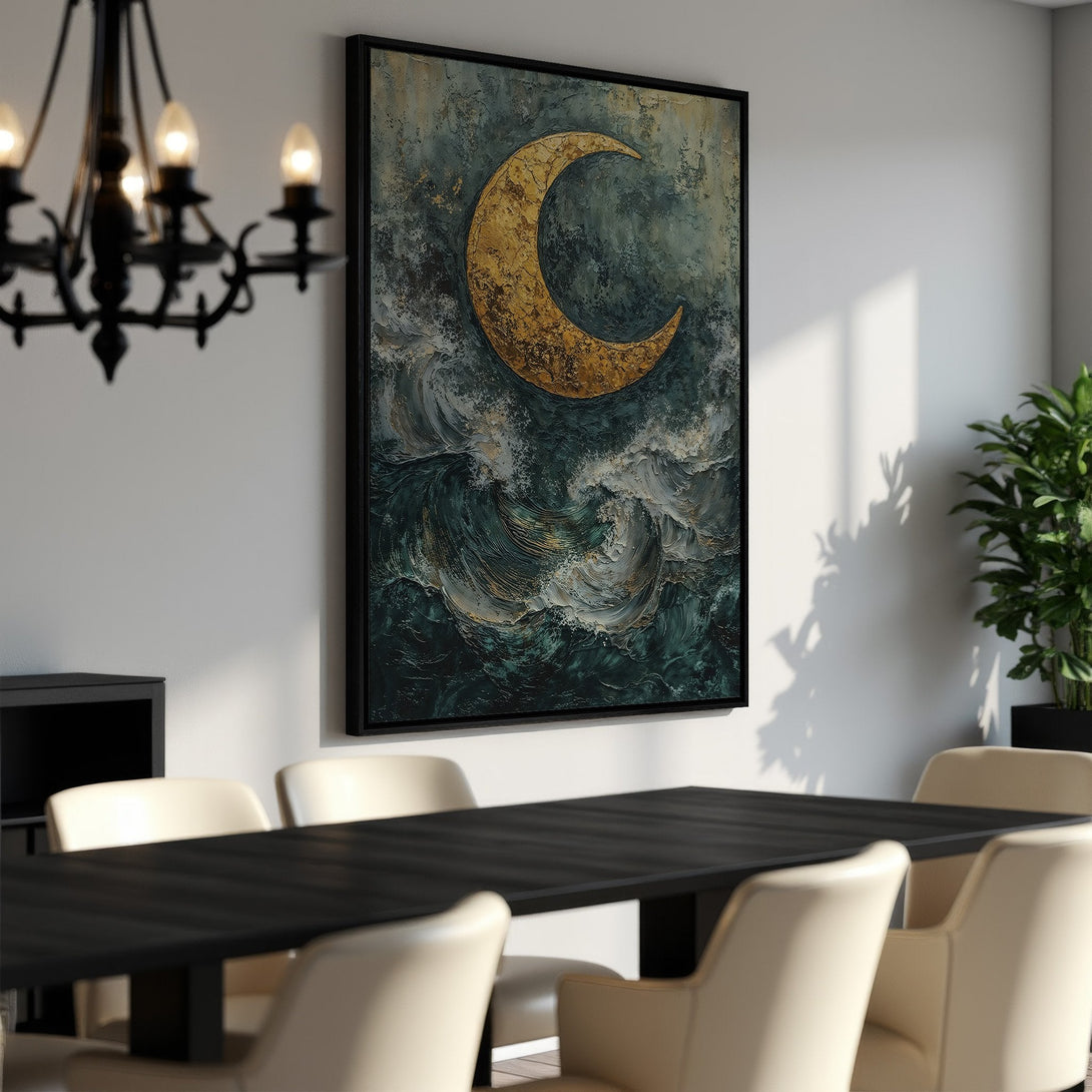 Framed Wall Art featuring a gold crescent moon over ocean waves in teal and gold tones. Enhance your dining room with this stunning canvas print!