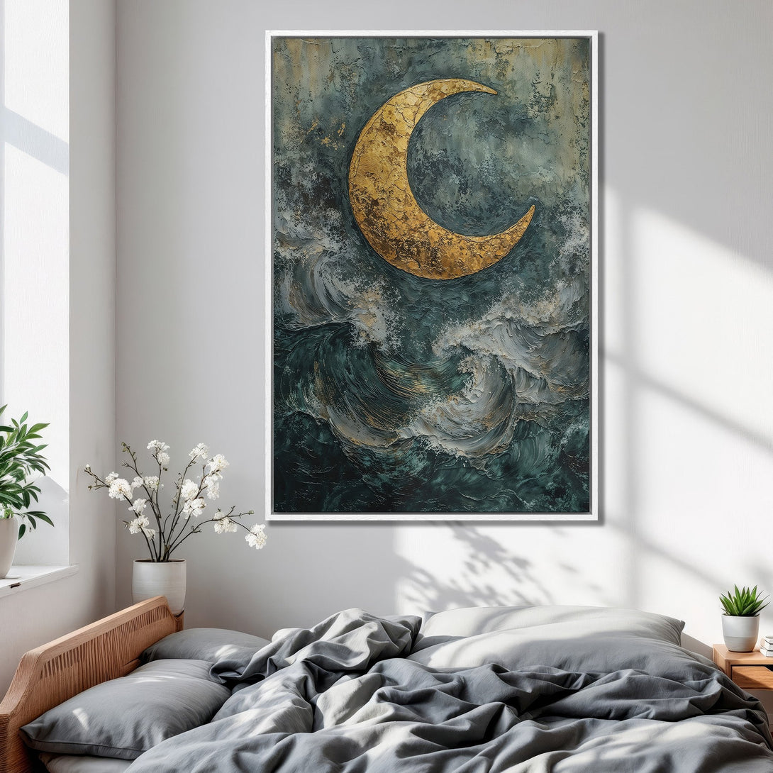 Framed Wall Art: Gold moon over ocean waves, abstract style, teal & gold color palette. Perfect bedroom decor. Shop now!