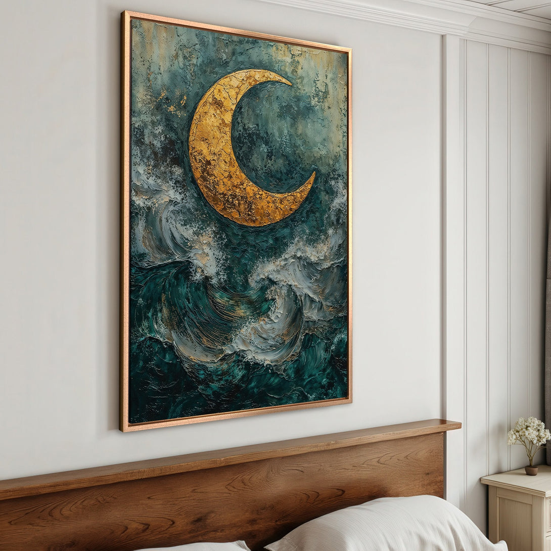 Framed Wall Art: Abstract moon over ocean canvas print. Teal, gold, and gray color palette, perfect for modern bedroom decor.
