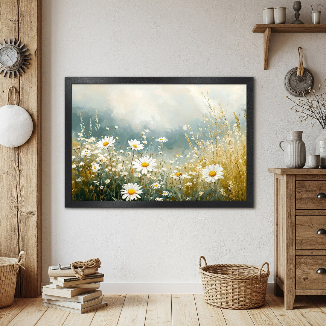 Framed Poster featuring a daisy field in a soft, impressionistic style with a neutral color palette. Perfect wall art!