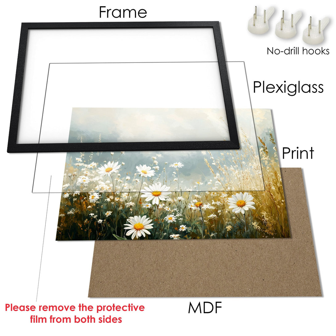 Framed Poster of daisy field art in a calming blue, white, and gold color palette. Perfect wall decor!