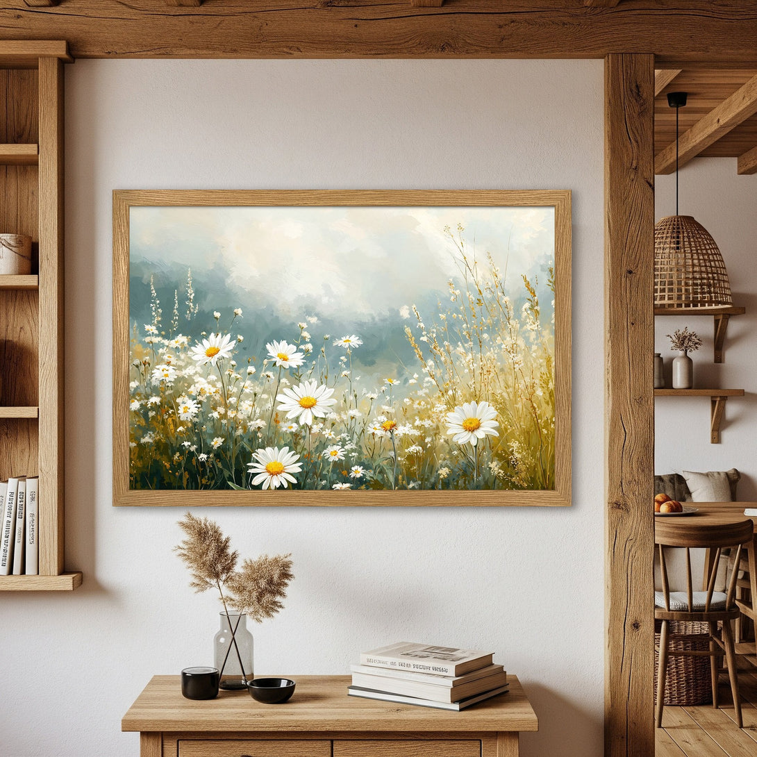 Framed Poster featuring a daisy field painting in impressionist style with a soft blue and yellow color palette, perfect wall art.