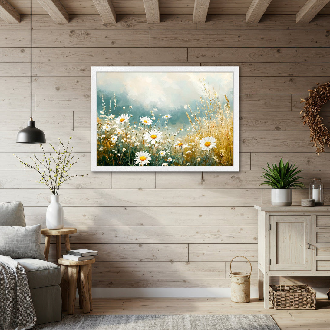Framed Poster featuring a daisy field painting in a soft, impressionistic style with a calming blue, white, and gold color palette.