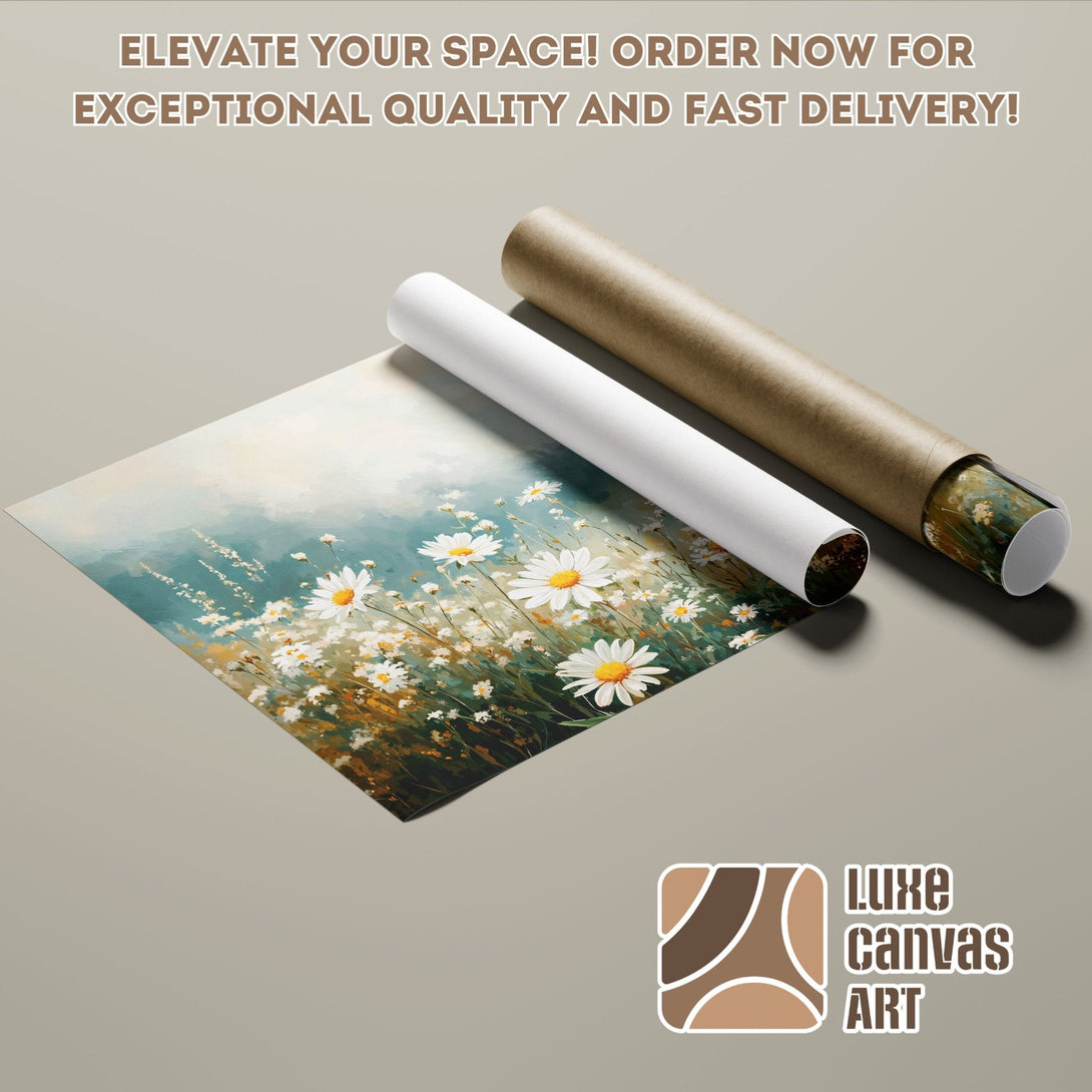 Poster Roll featuring daisy field artwork in a soft, blue and beige palette. Elevate your space!
