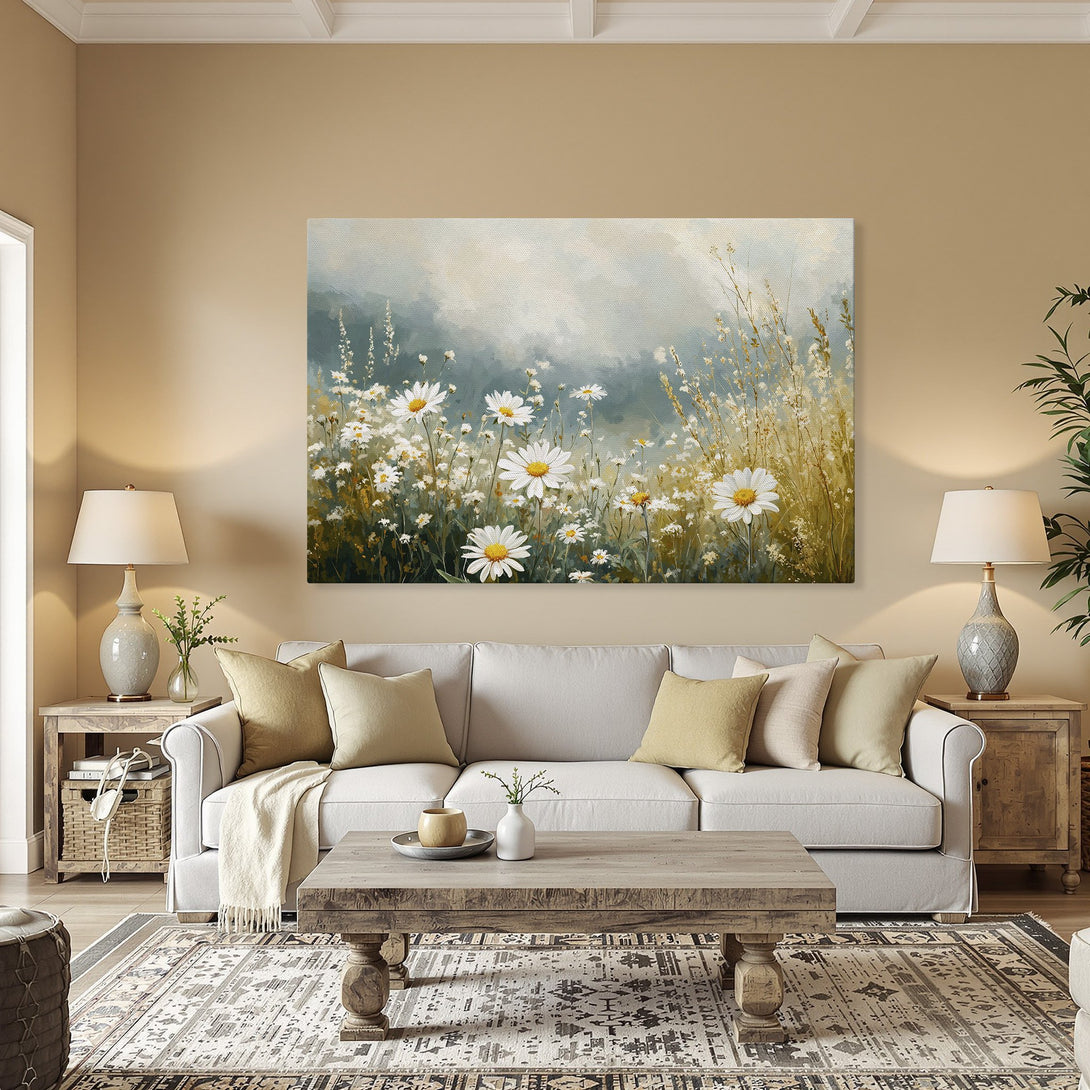 Framed Wall Art: Daisy field painting in soft blues, greens, and yellows. Perfect for adding a touch of nature to your home decor.