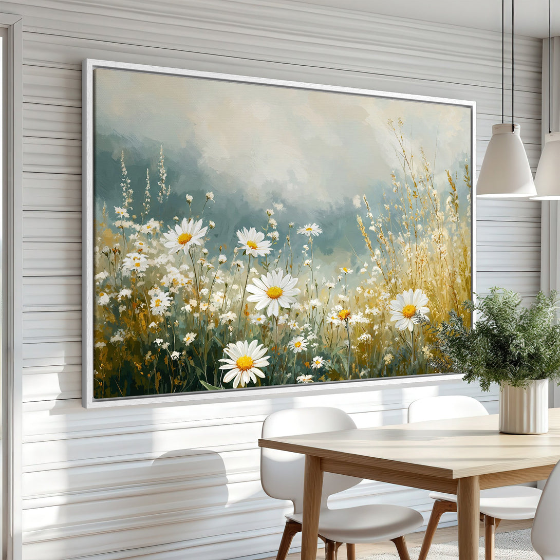 Framed Wall Art featuring a daisy field in a soft, impressionistic style. The color palette includes greens, yellows, and whites, perfect for your home decor.