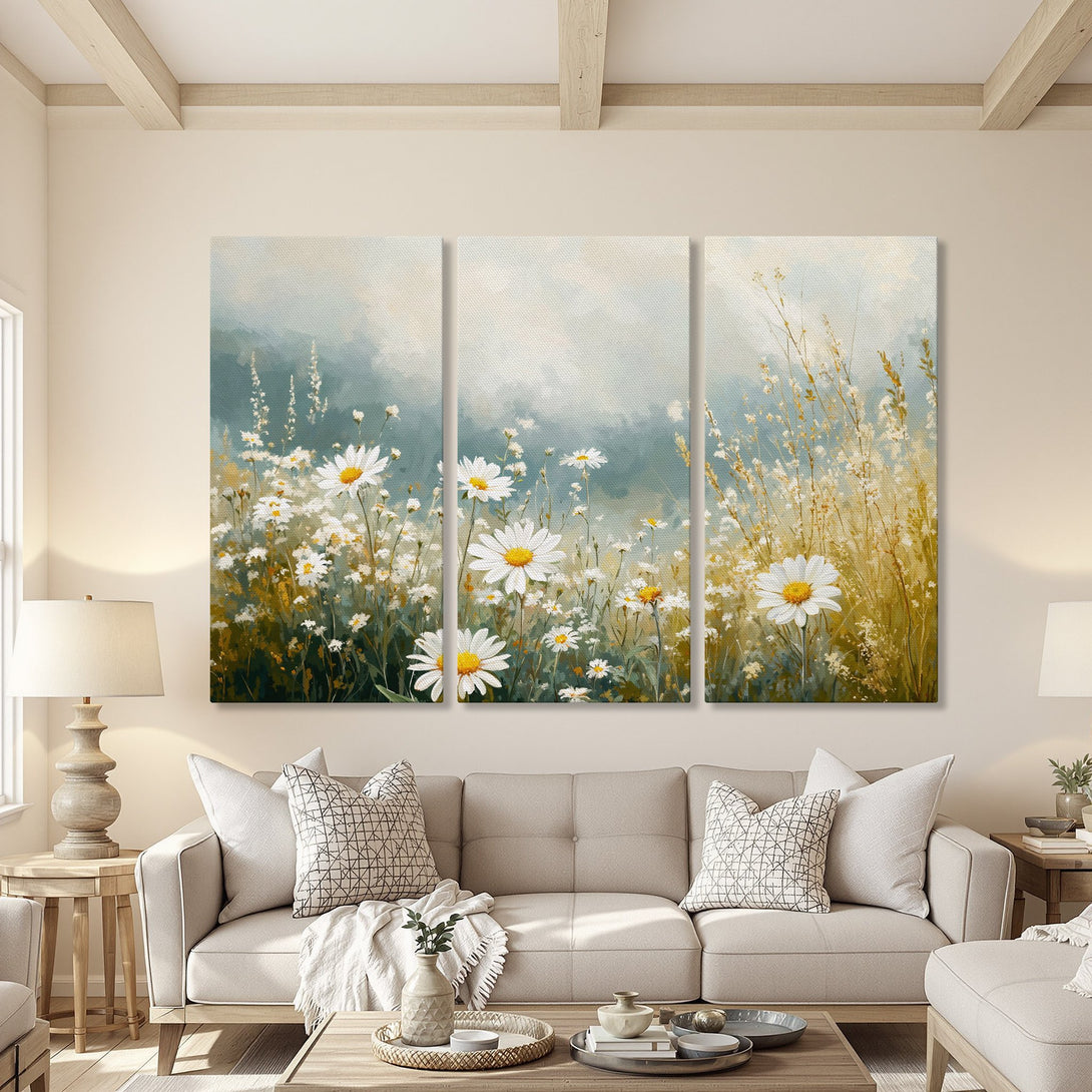 Canvas Print of daisy field artwork in a neutral color palette. Perfect wall art for a cozy living room.