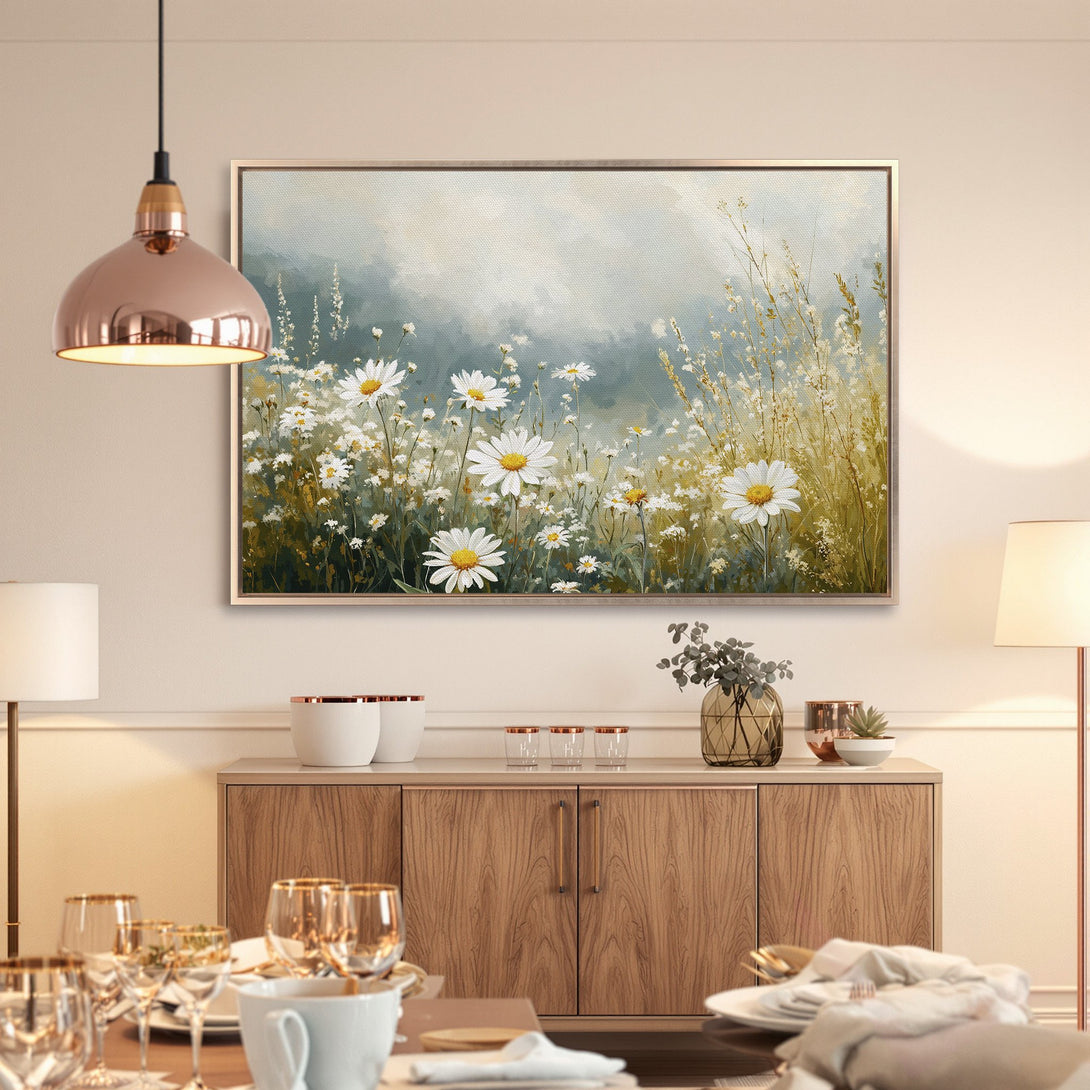 Framed Wall Art: Daisy field canvas print in soft blues, greens, and yellows. Perfect for adding a touch of nature and elegance to your dining room.
