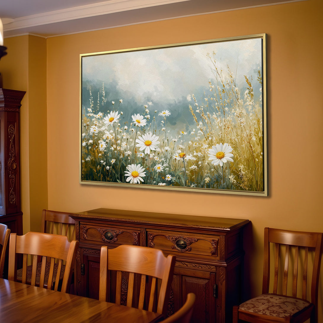 Canvas Print featuring a daisy field painting in a soft, neutral color palette. Perfect for adding a touch of nature to your home decor.