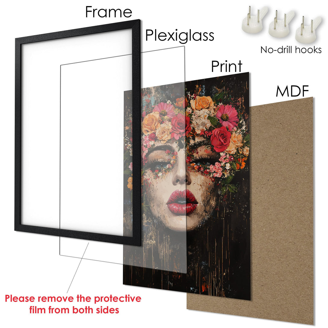 Framed Poster featuring a woman with floral crown, artistic style, vibrant colors, and a black frame. Ready to hang!