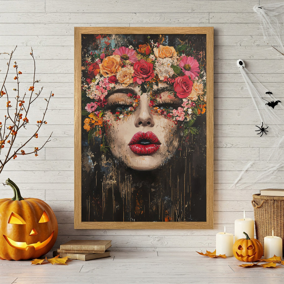 Framed Poster of a woman with floral face art, vibrant colors. Perfect Halloween decor, modern art style.
