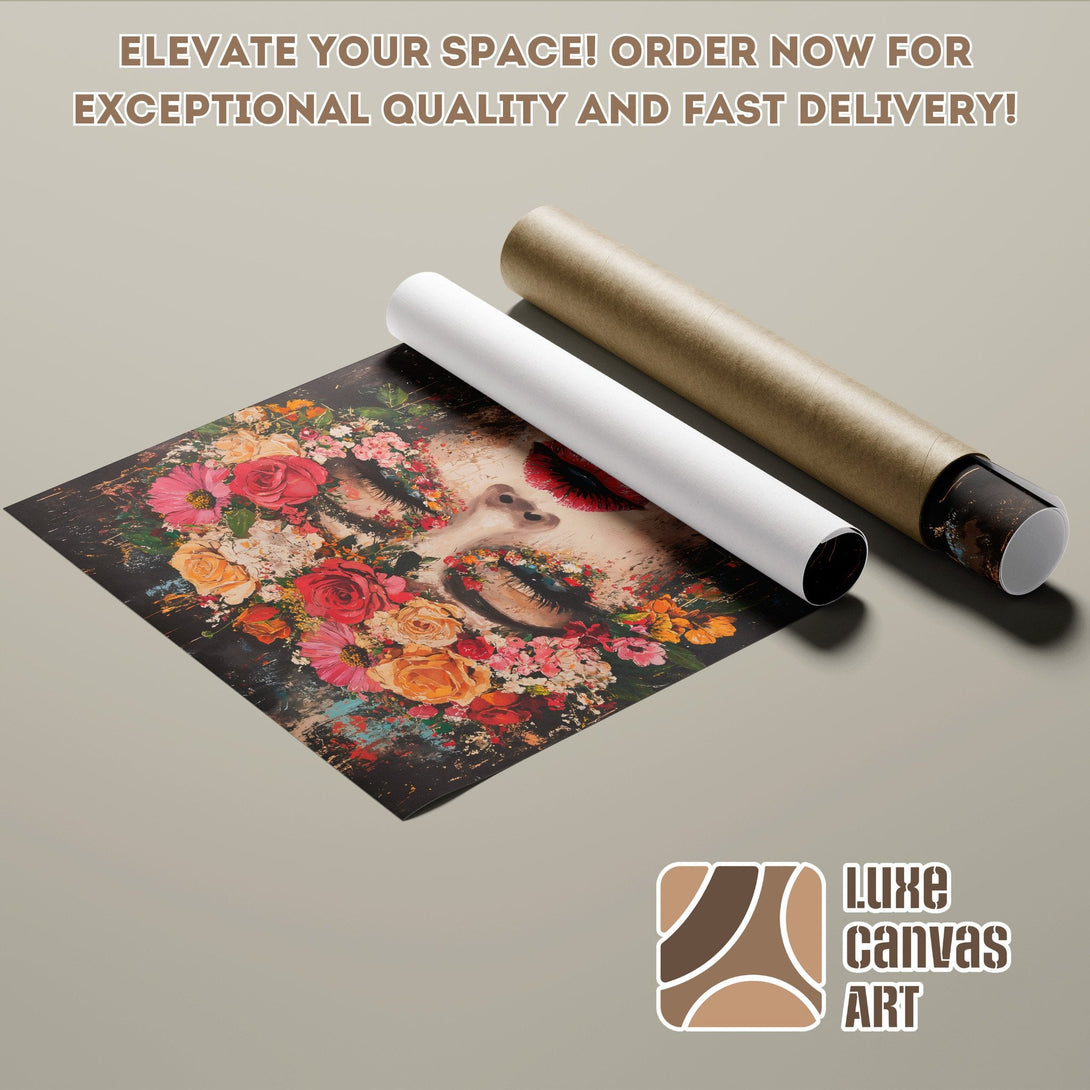 Floral face art poster roll, vibrant colors, perfect for home decor. Order now!