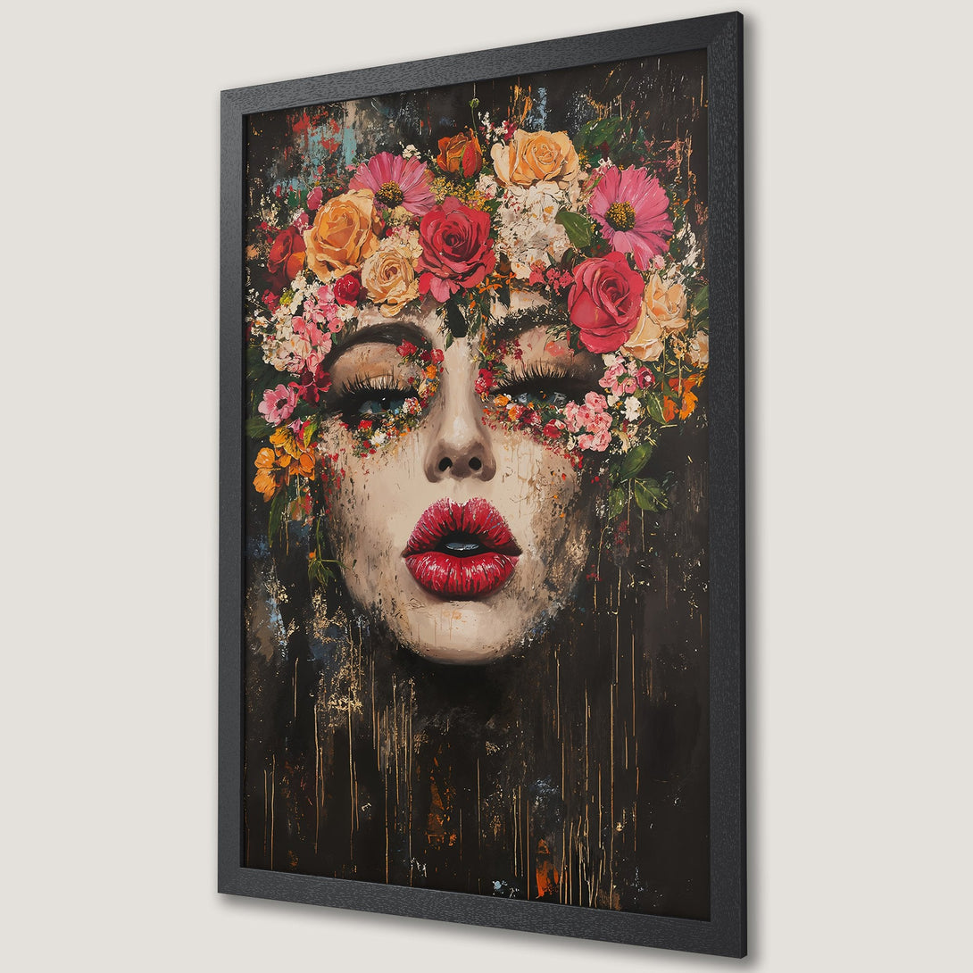 Framed Poster of a woman with floral crown in a dark, expressive style with a warm color palette.