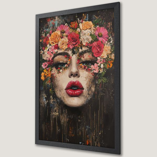 Framed Poster of a woman with floral crown in a dark, expressive style with a warm color palette.