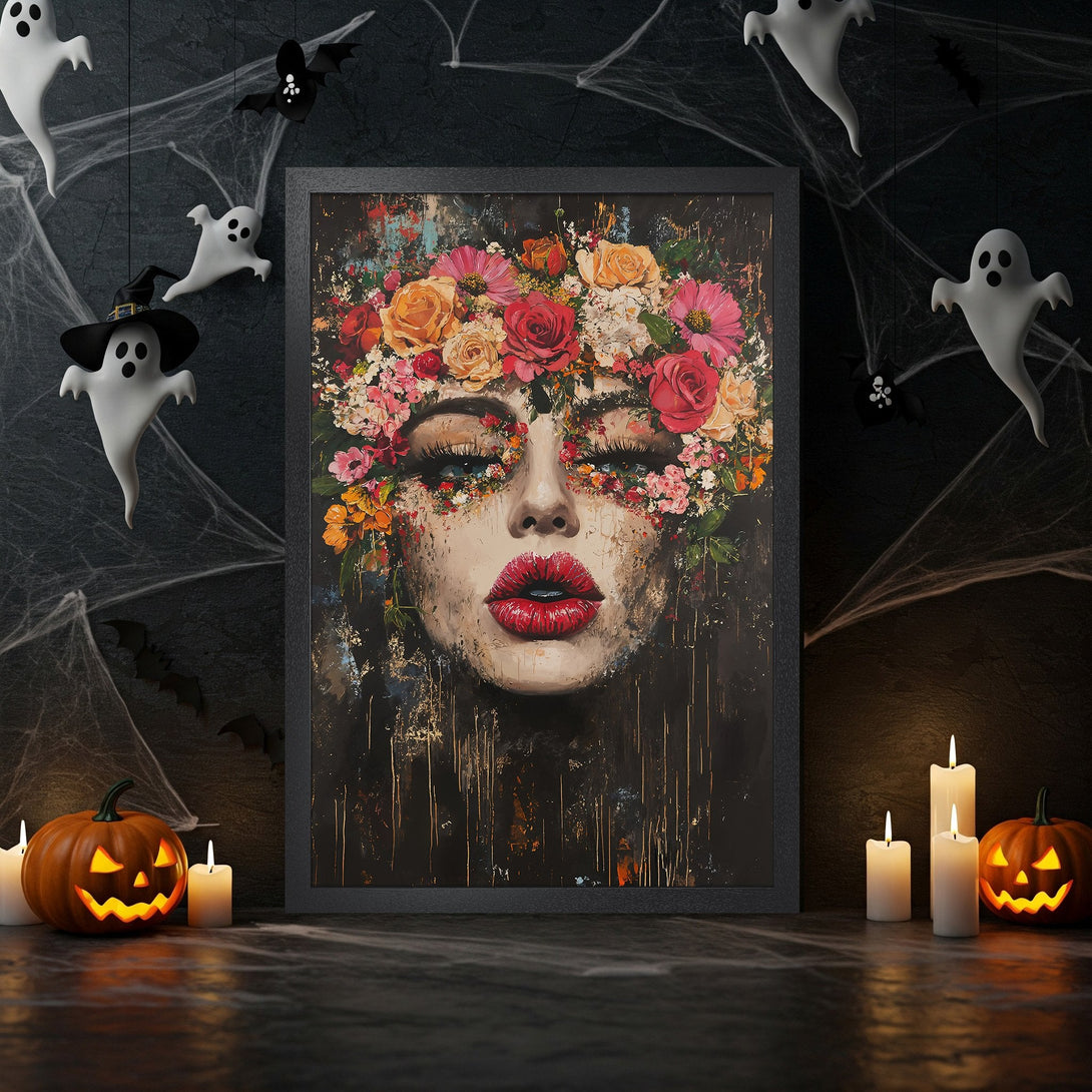 Framed Poster: Woman's face with floral crown, abstract style, vibrant red, orange, and pink on a dark background. Perfect Halloween decor.