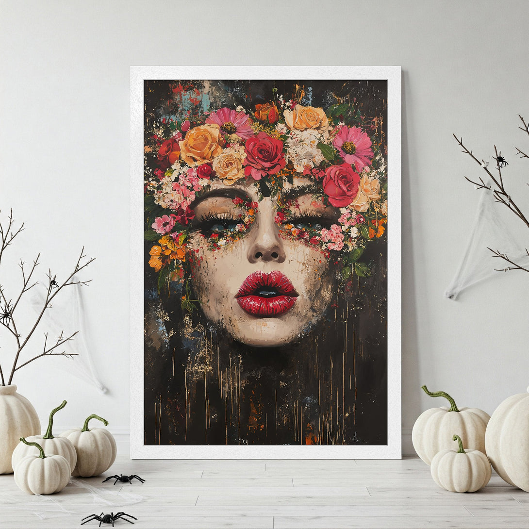 Framed Poster featuring a woman with floral face art, dark & moody style, vibrant red, orange, and black color palette. Perfect wall decor!