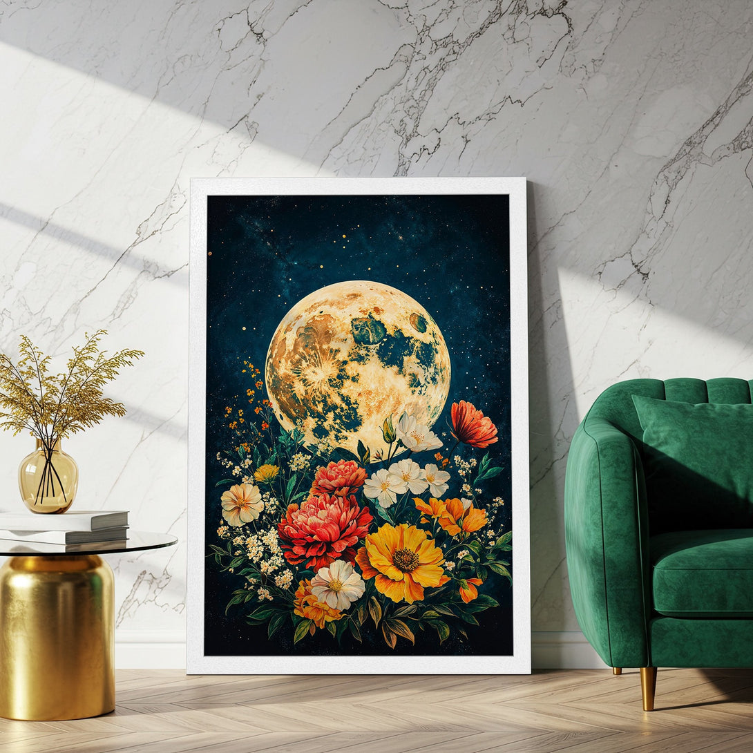 Framed Poster featuring a floral moon design in vibrant colors. Perfect wall art for a touch of celestial beauty.