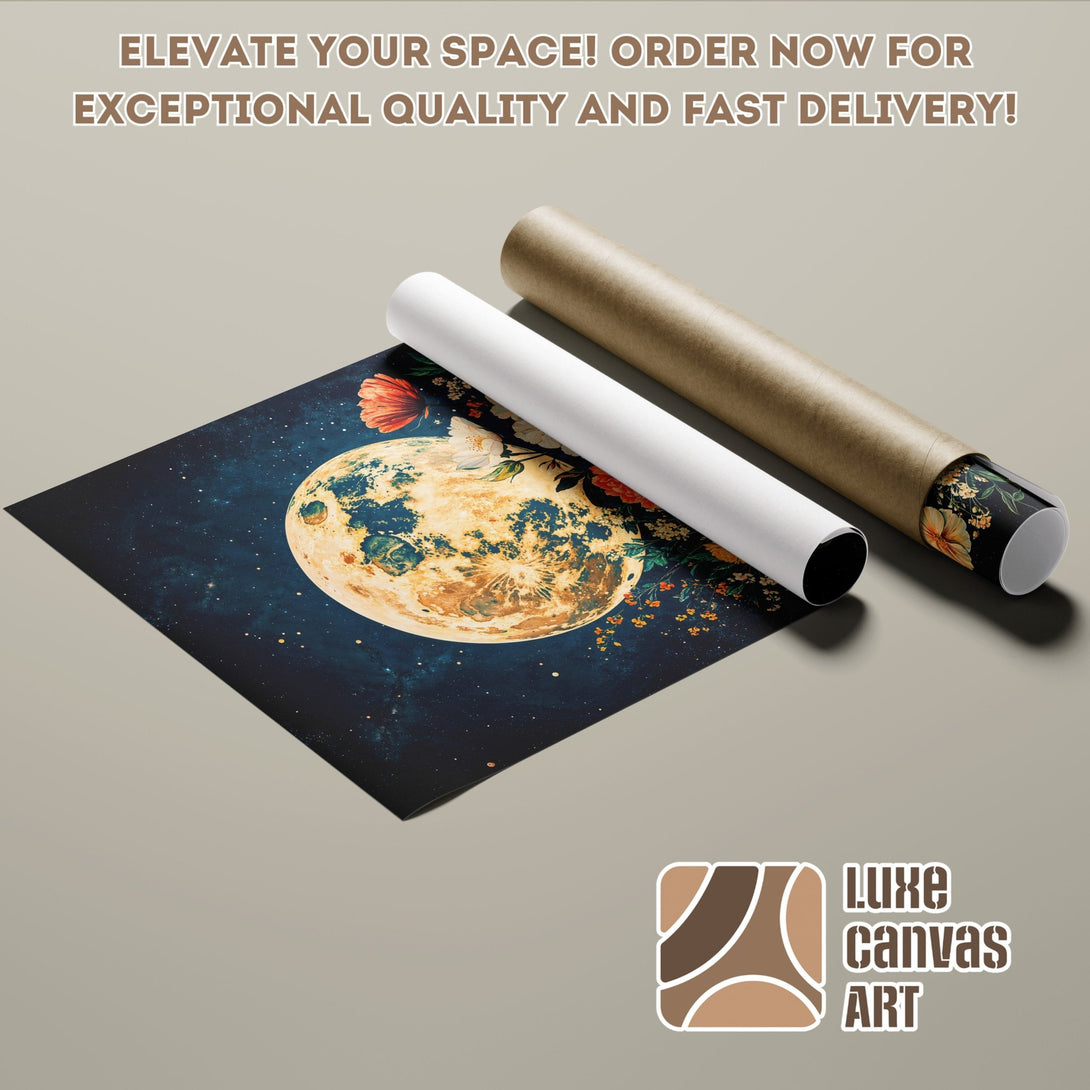 Poster Roll featuring a celestial design with a blue, gold, and floral color palette. Elevate your space with Luxe Canvas Art!
