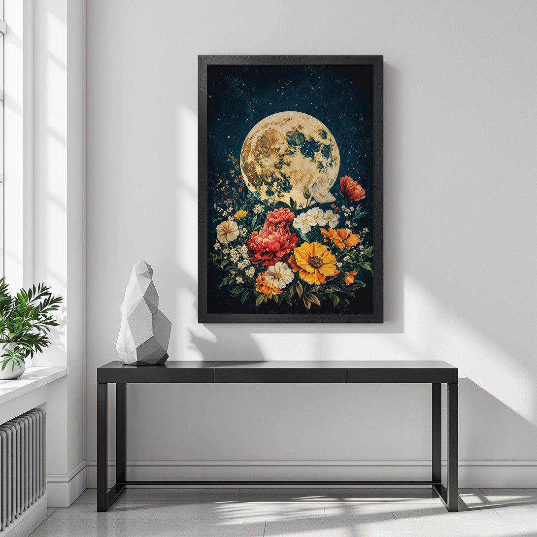 Framed Poster featuring a whimsical floral moon design in a warm, vibrant color palette. Perfect wall art to brighten any space!
