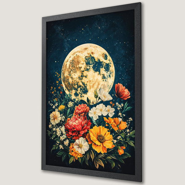 Framed Poster featuring a moon and floral design in a vibrant, watercolor style with a dark blue and warm color palette.