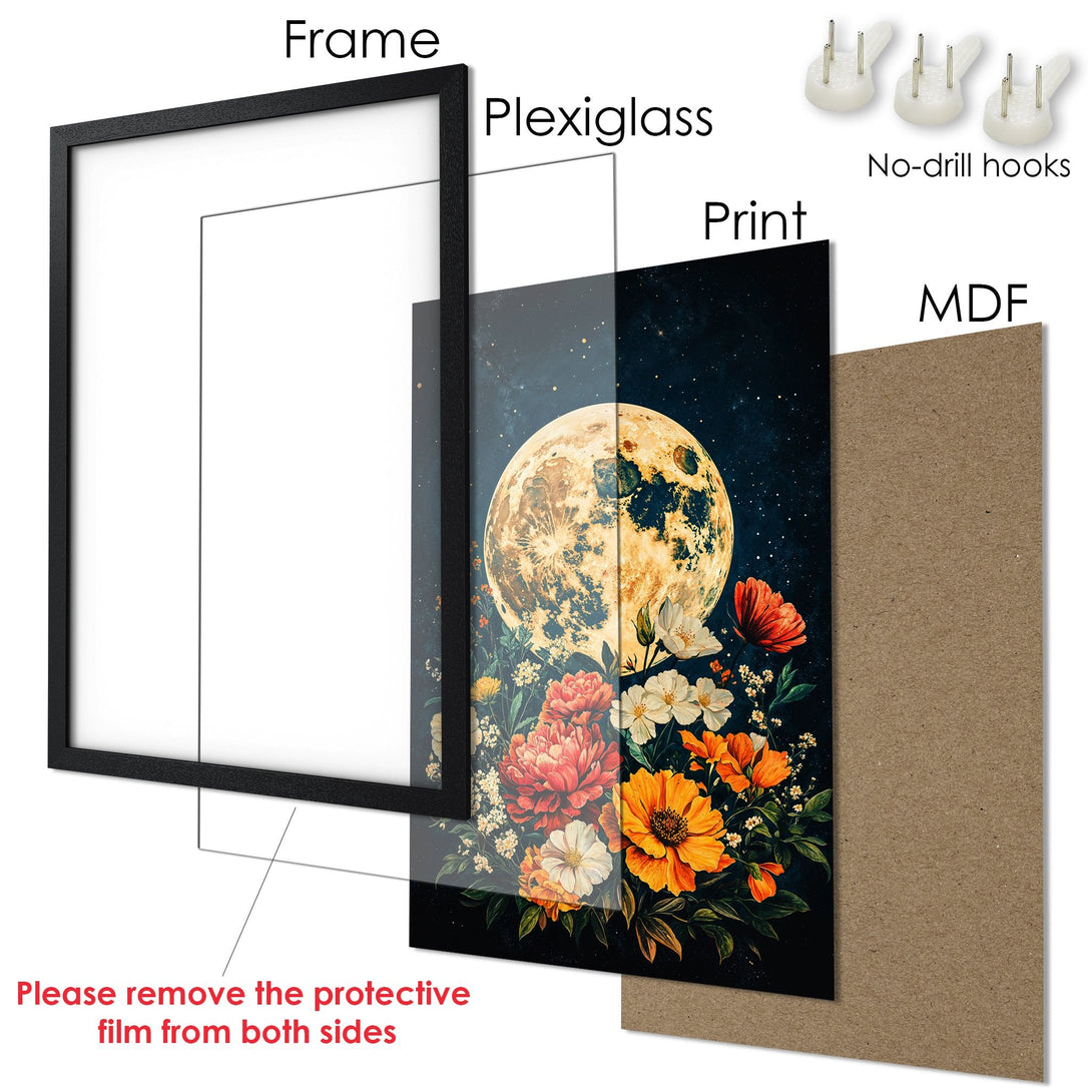 Framed Poster featuring a moon and floral design in a dark, moody style with warm orange and red tones. Perfect wall art!