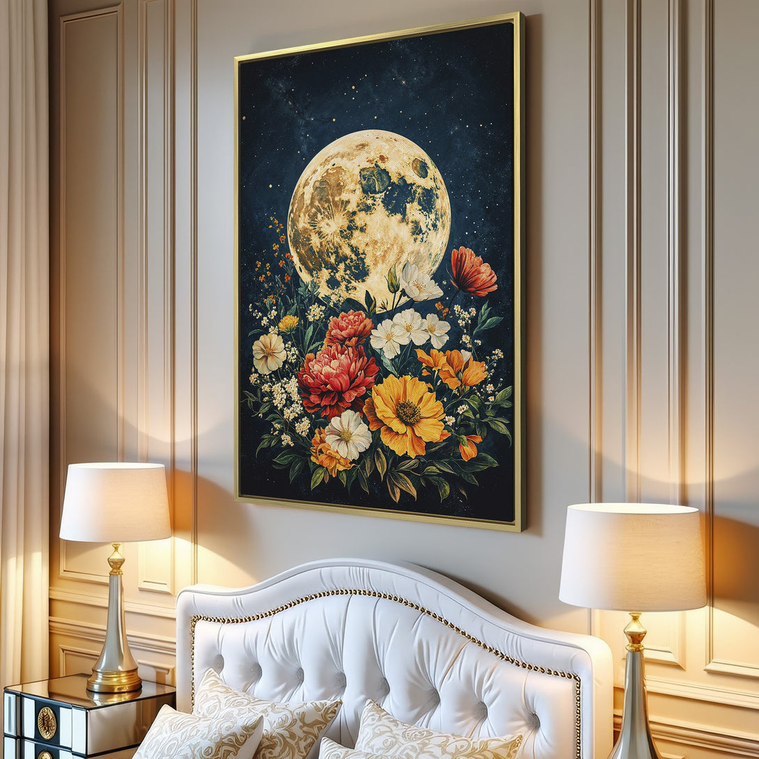 Canvas Print: Moon and floral art in a dark, moody palette. Perfect for adding a touch of celestial and botanical beauty to any space.