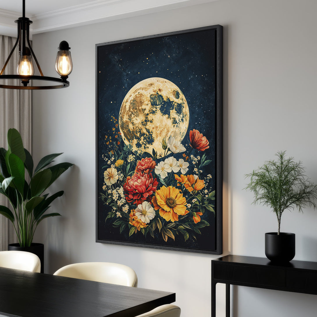 Framed Wall Art featuring a moon and floral design with a rich, dark blue and gold color palette. Perfect for adding a touch of elegance to any room.