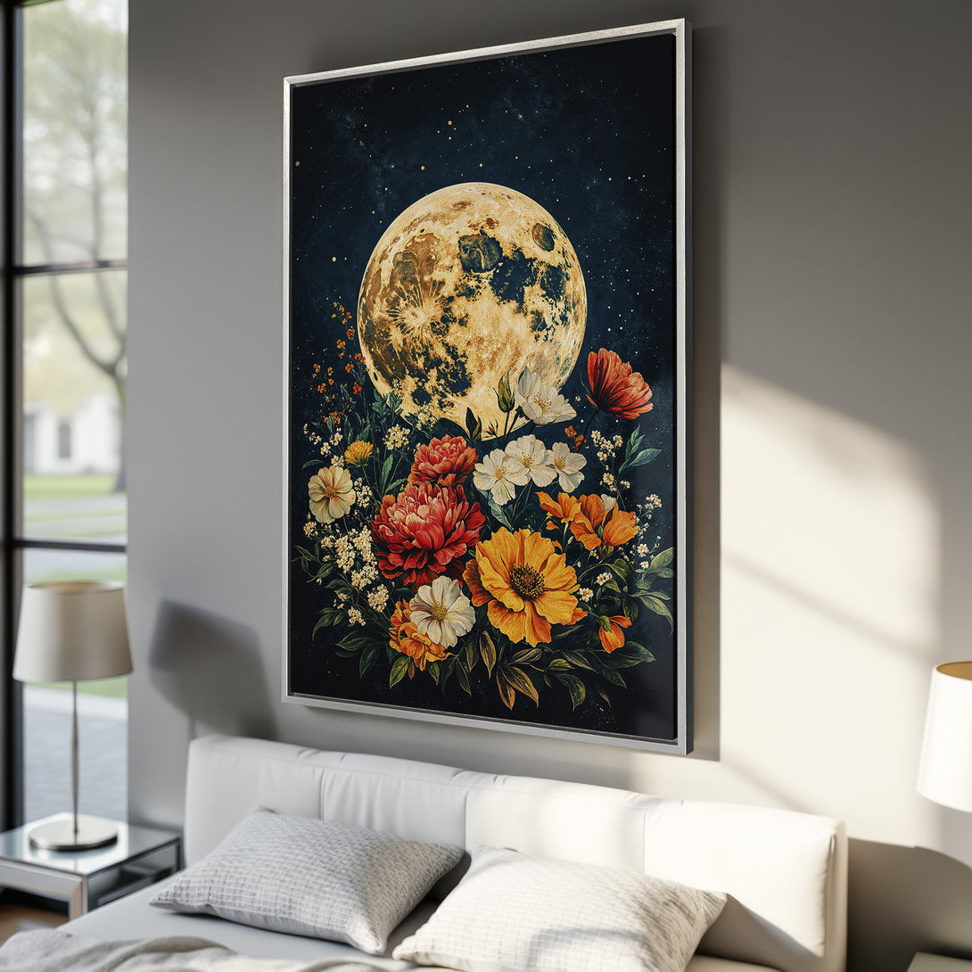 Framed Wall Art featuring a full moon and floral arrangement. Dark, moody style with warm yellow, orange, and red hues. Perfect bedroom decor!