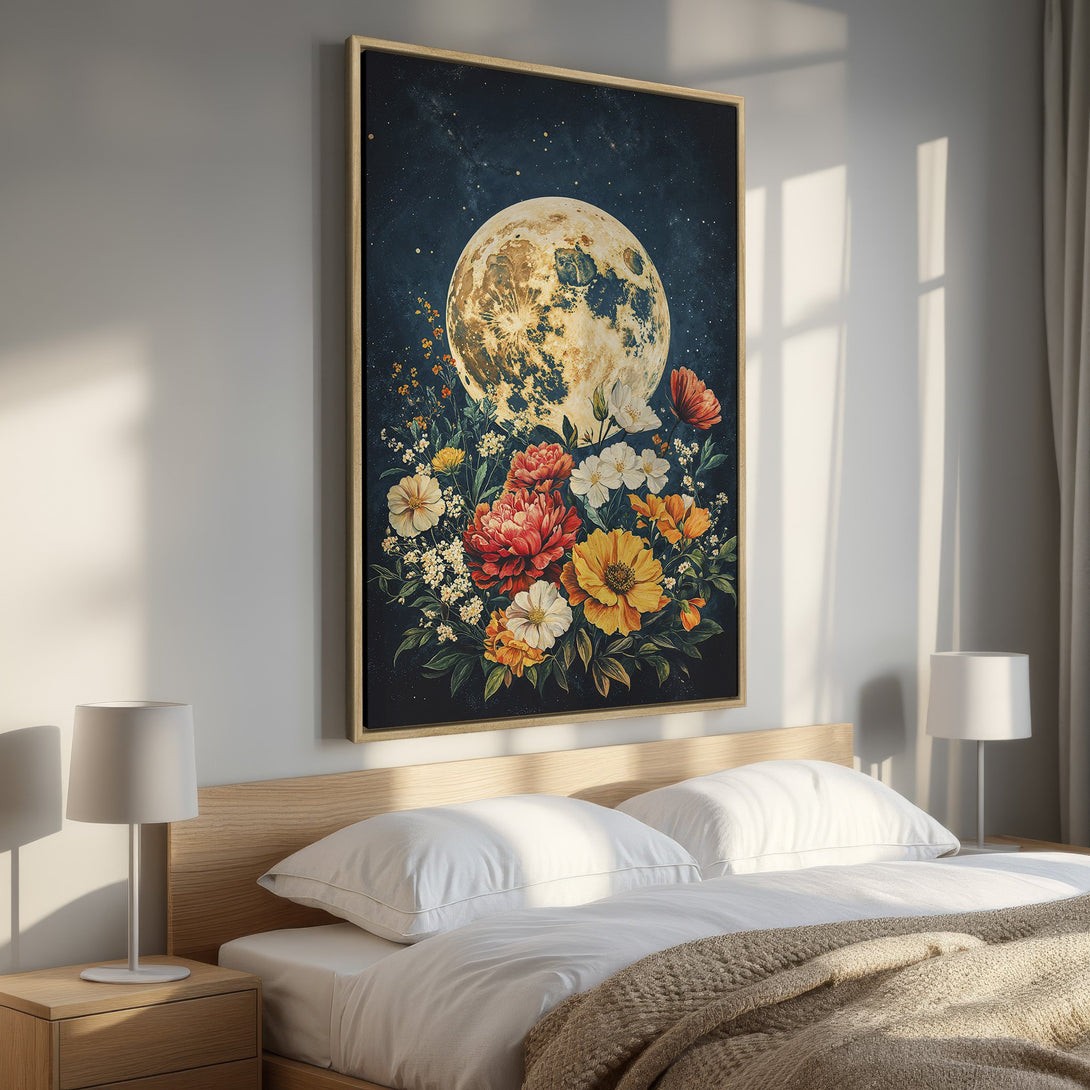 Framed Wall Art featuring a moon and floral design. Warm color palette with yellows, oranges, and reds. Perfect for bedroom decor.